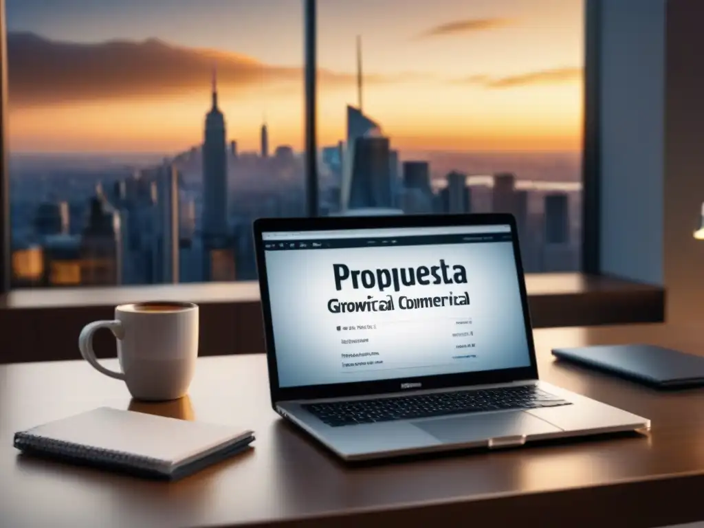 Propuesta de Préstamo Comercial: Oficina moderna y sofisticada Oficina moderna con propuesta préstamo comercial irresistible en laptop, café y elegante pluma, vista a la ciudad al atardecer