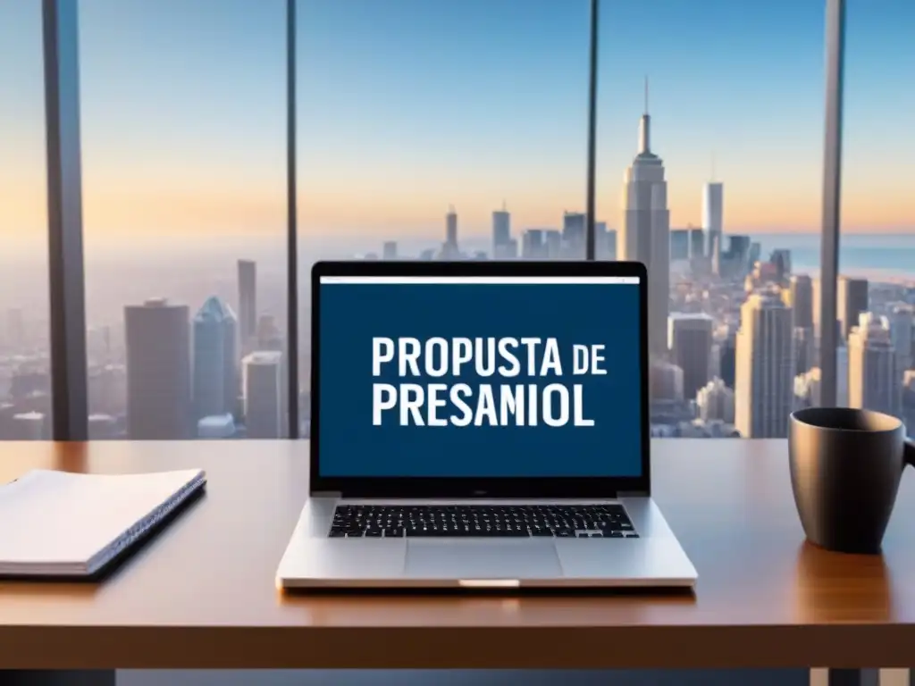 Oficina moderna con propuesta de préstamo comercial y gráfica financiera Oficina moderna con propuesta préstamo comercial irresistible en laptop, cuaderno y skyline urbano