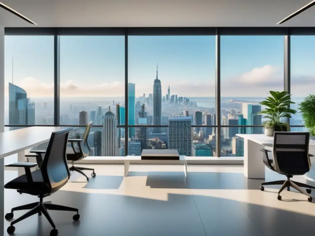 Oficina futurista en rascacielos: profesionalismo e innovación Oficina moderna en rascacielos con vista panorámica de ciudad