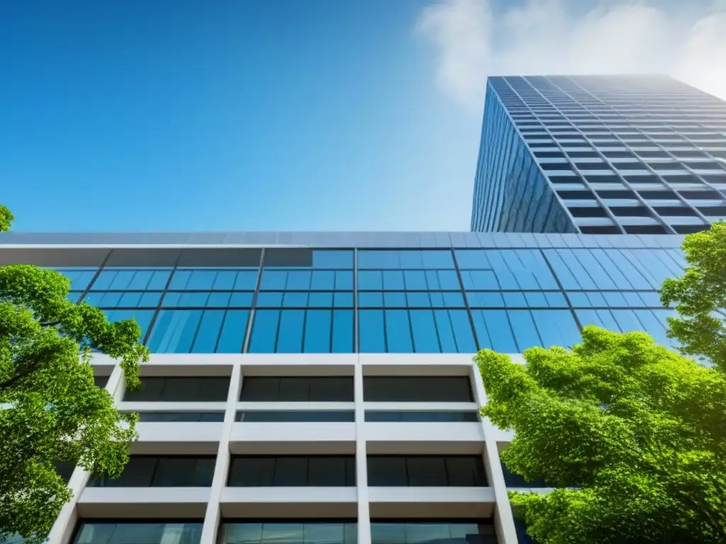Edificio moderno rodeado de naturaleza: innovación en bienes raíces Oficina moderna rodeada de vegetación, reflejando éxito e innovación en el marketing de afiliados para propiedades