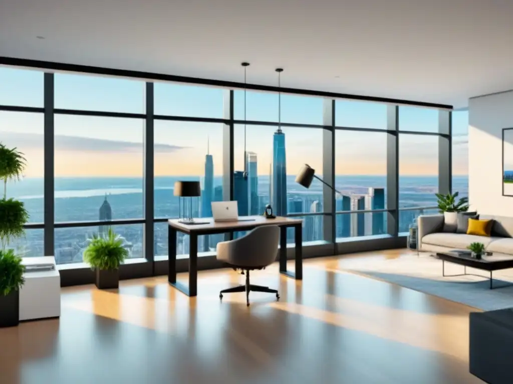 Oficina moderna con tecnología de vanguardia y vistas urbanas Oficina moderna con tecnología y plantas, ideal para gestión inmobiliaria