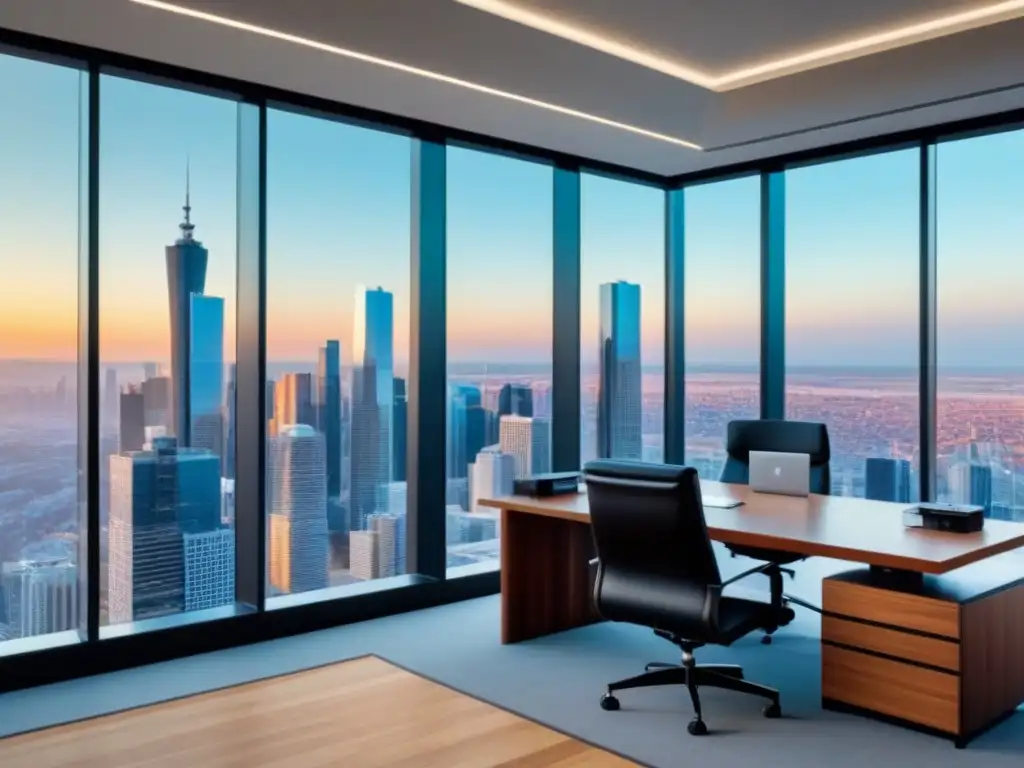 Oficina moderna con vista panorámica en 8k Oficina moderna con ventanales, mobiliario elegante y gráficos de inversión