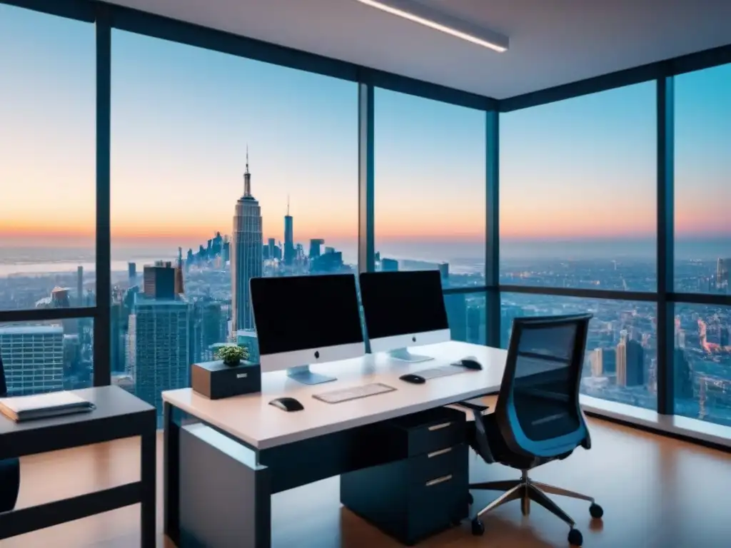 Oficina moderna con vistas panorámicas: 8k ultradetallada Oficina moderna con ventanales panorámicos, escritorio minimalista y dispositivos electrónicos