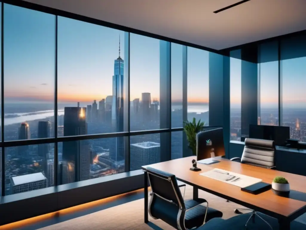 Oficina moderna de lujo con vista panorámica a la ciudad Oficina moderna con ventanas de piso a techo y vista a la ciudad