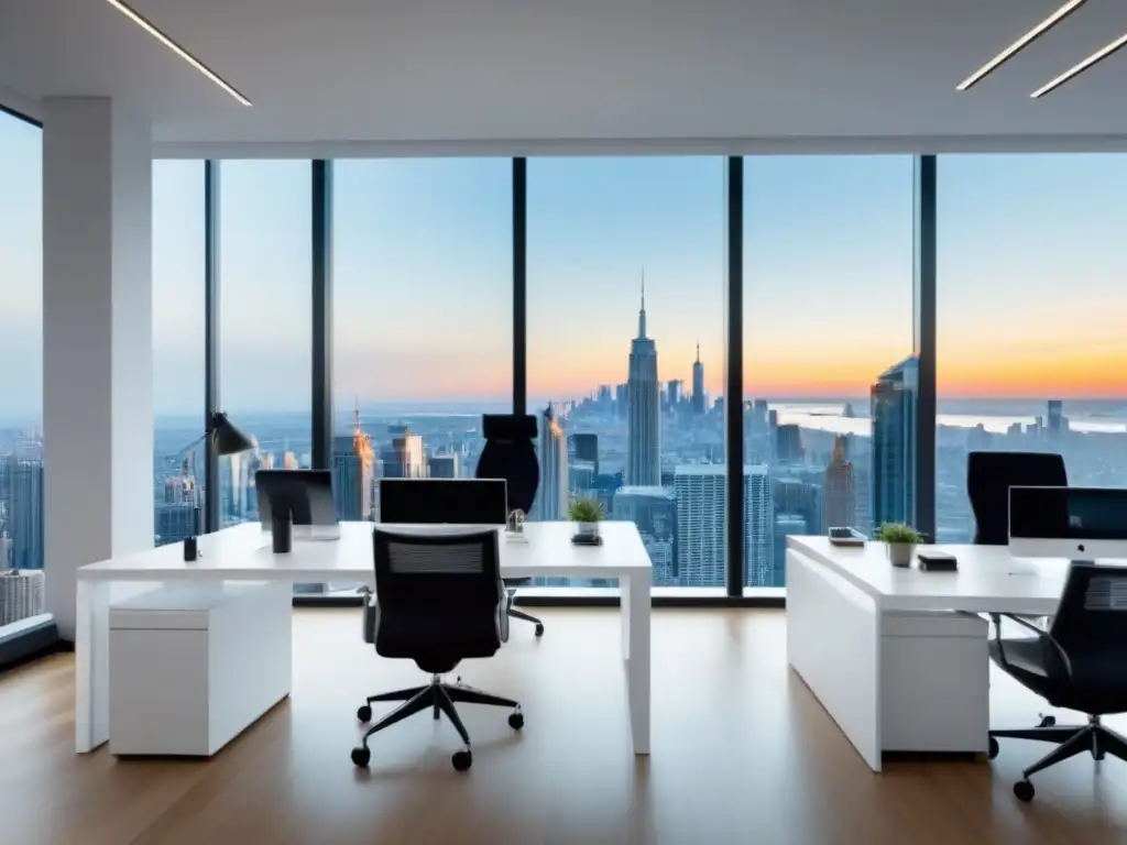 Oficina moderna con vista a la ciudad: diseño elegante y eficiente Oficina moderna con vista a la ciudad, muebles elegantes y luz cálida
