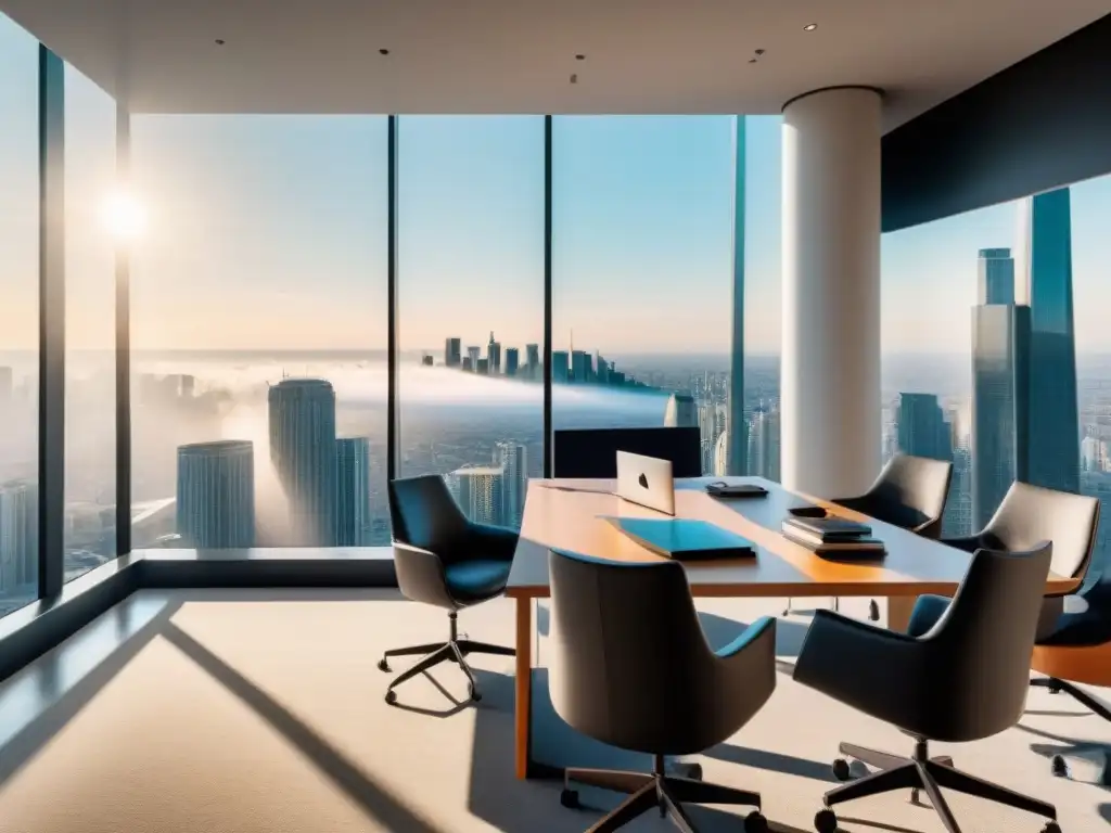 Oficina moderna con vista panorámica: sofisticación y éxito Oficina moderna con vista a la ciudad, transmitiendo profesionalismo y éxito