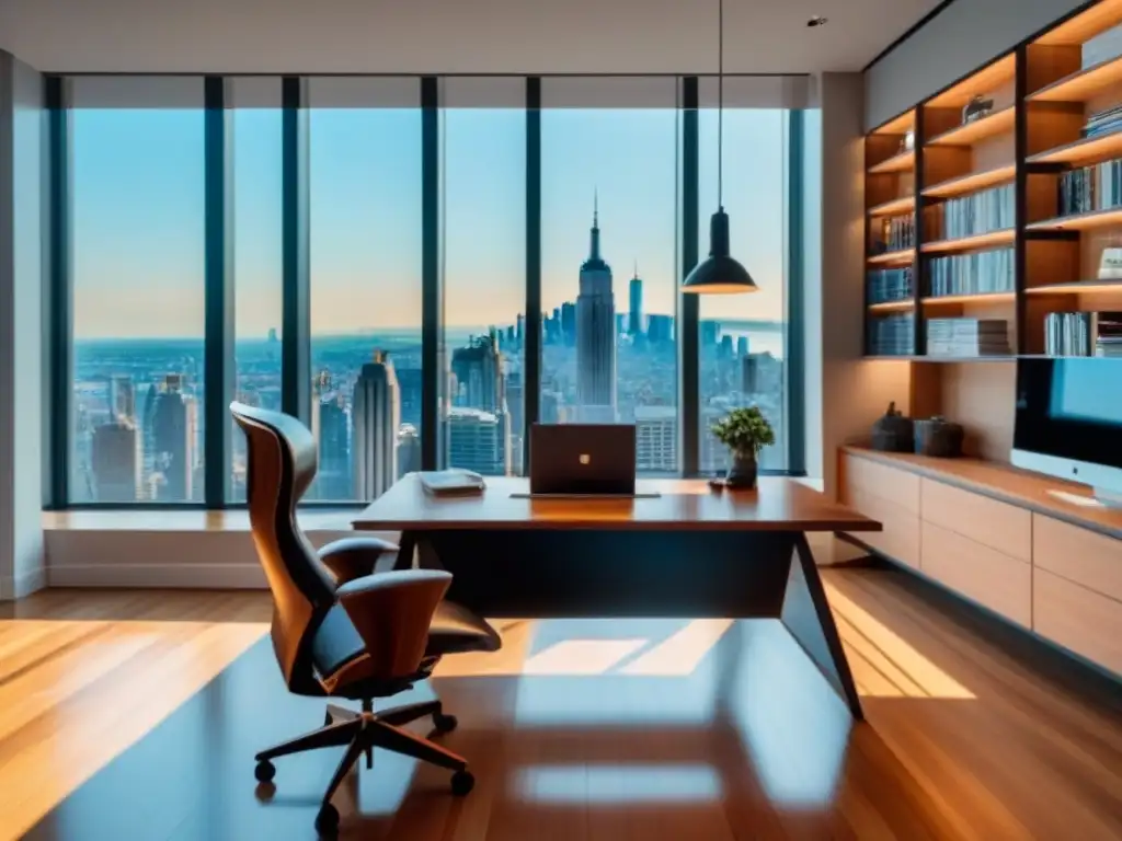 Oficina moderna con vista panorámica y decoración elegante Oficina moderna con vista a la ciudad