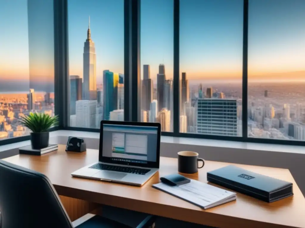 Oficina en casa minimalista para productividad financiera Oficina moderna con vista a la ciudad: gestión eficiente ingresos gastos alquileres