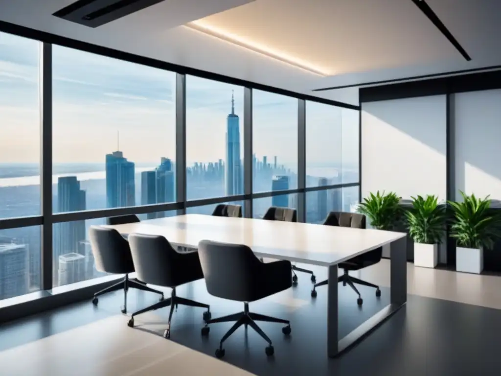 Oficina moderna con vista panorámica: diseño elegante y tecnológico Oficina moderna con vista a la ciudad, mesa de conferencias blanca y pantallas mostrando Tendencias mercado inmobiliario Flipping