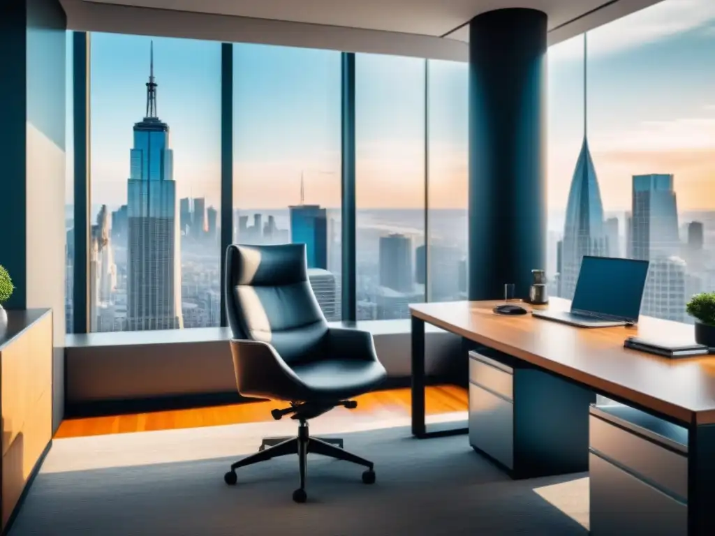Oficina moderna con vista panorámica a la ciudad Oficina moderna con vista a la ciudad, mobiliario contemporáneo y arte abstracto