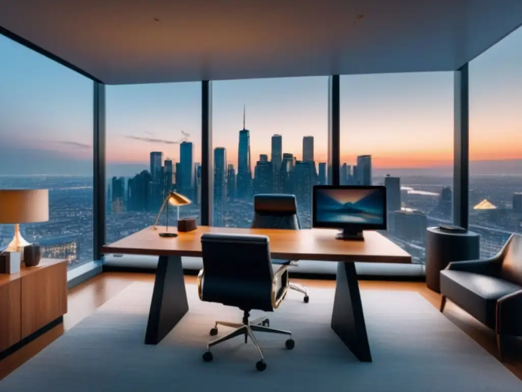Oficina moderna con vista panorámica al atardecer Oficina moderna con vista a la ciudad al atardecer, ideal para decisiones financieras