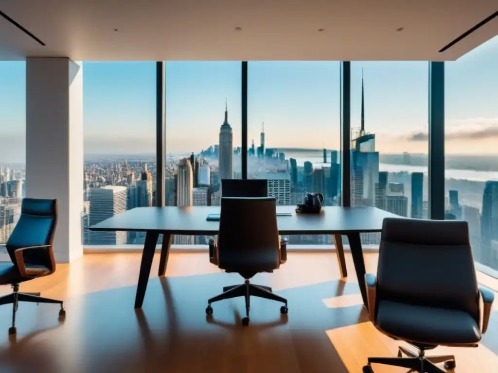 Oficina moderna con vista a la ciudad, mobiliario elegante y alta tecnología para agentes inmobiliarios inversiones corto plazo