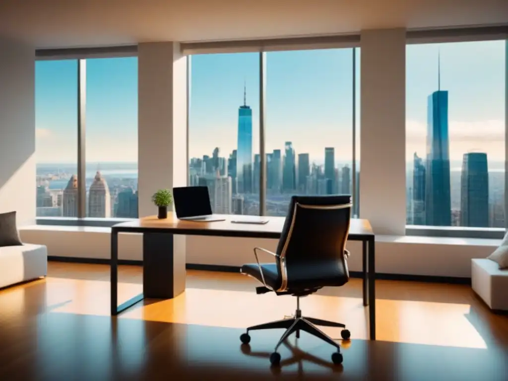 Oficina moderna con vista urbana: ambiente elegante y productivo Oficina moderna con vista a la ciudad, elegante y luminosa, ideal para planificación financiera