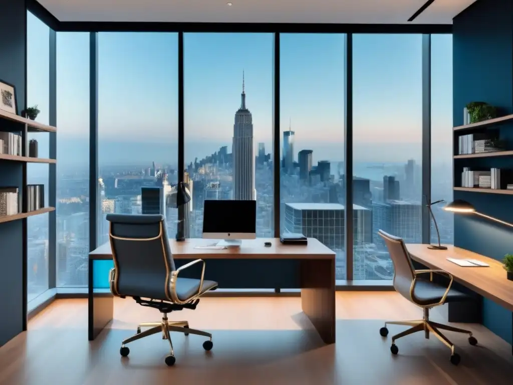 Oficina moderna de lujo con vista a la ciudad Oficina moderna con vista a la ciudad, muebles minimalistas y estantería con libros de inversión