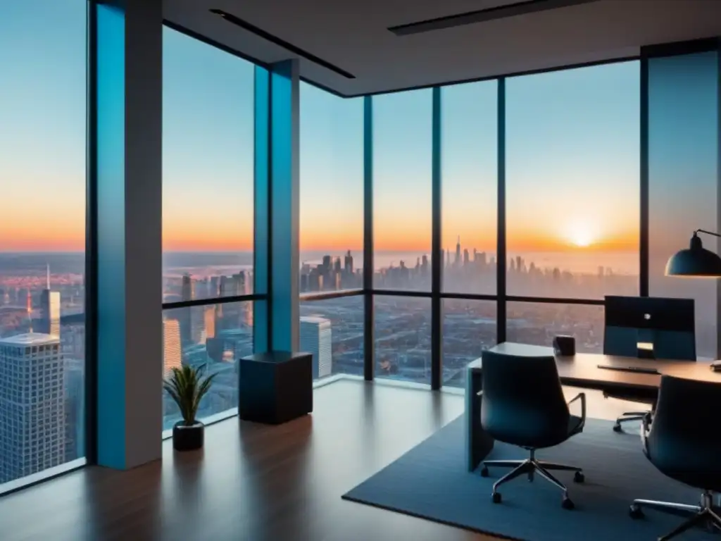 Oficina moderna con vista panorámica: ambiente profesional y sereno Oficina moderna con vista a la ciudad, diseño elegante en azules y grises