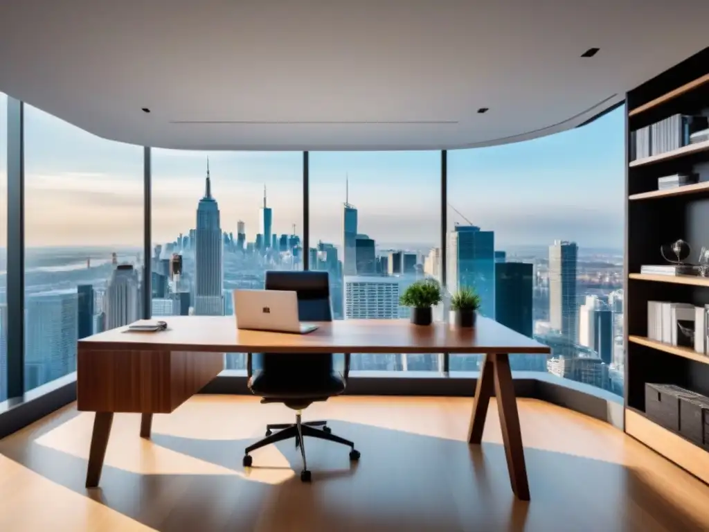 Oficina moderna de lujo con vista panorámica a la ciudad Oficina moderna con vista a la ciudad, amueblada con elegancia