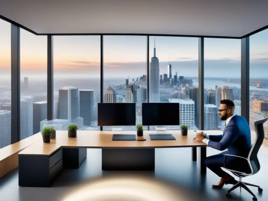 Oficina innovadora: Estrategias de marketing inmobiliario con programática Oficina moderna con vista a la ciudad, profesionales discuten estrategias de publicidad programática mercado inmobiliario