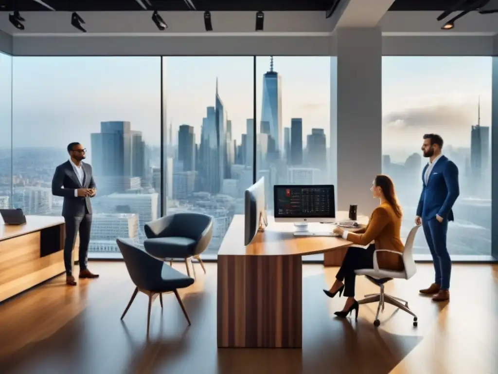 Oficina moderna con vista panorámica y equipo colaborativo Oficina moderna con vista a la ciudad, equipo diverso discutiendo publicidad programática mercado inmobiliario
