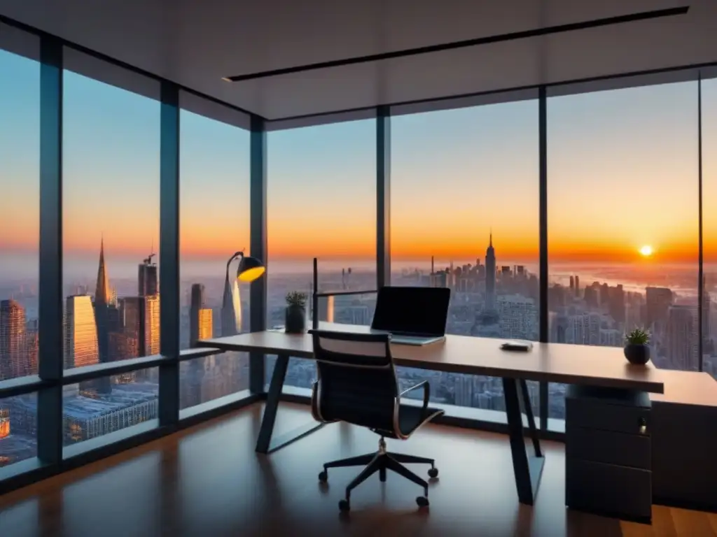 Oficina moderna con vista a la ciudad al atardecer Oficina moderna con vista a la ciudad, escritorio minimalista, silla de diseño y laptop con contenido atractivo promoción listados propiedades