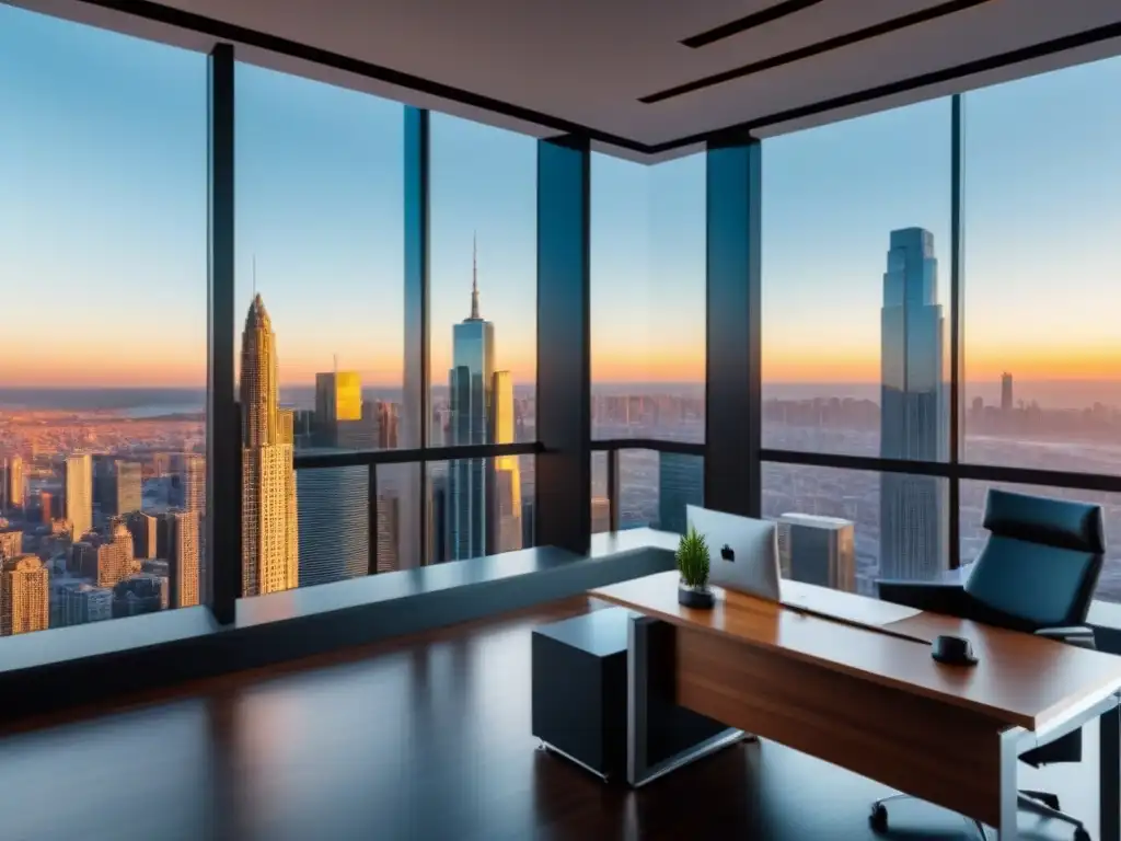 Oficina moderna con vista panorámica a la ciudad Oficina moderna con vista a la ciudad, mobiliario minimalista y documentos legales ordenados