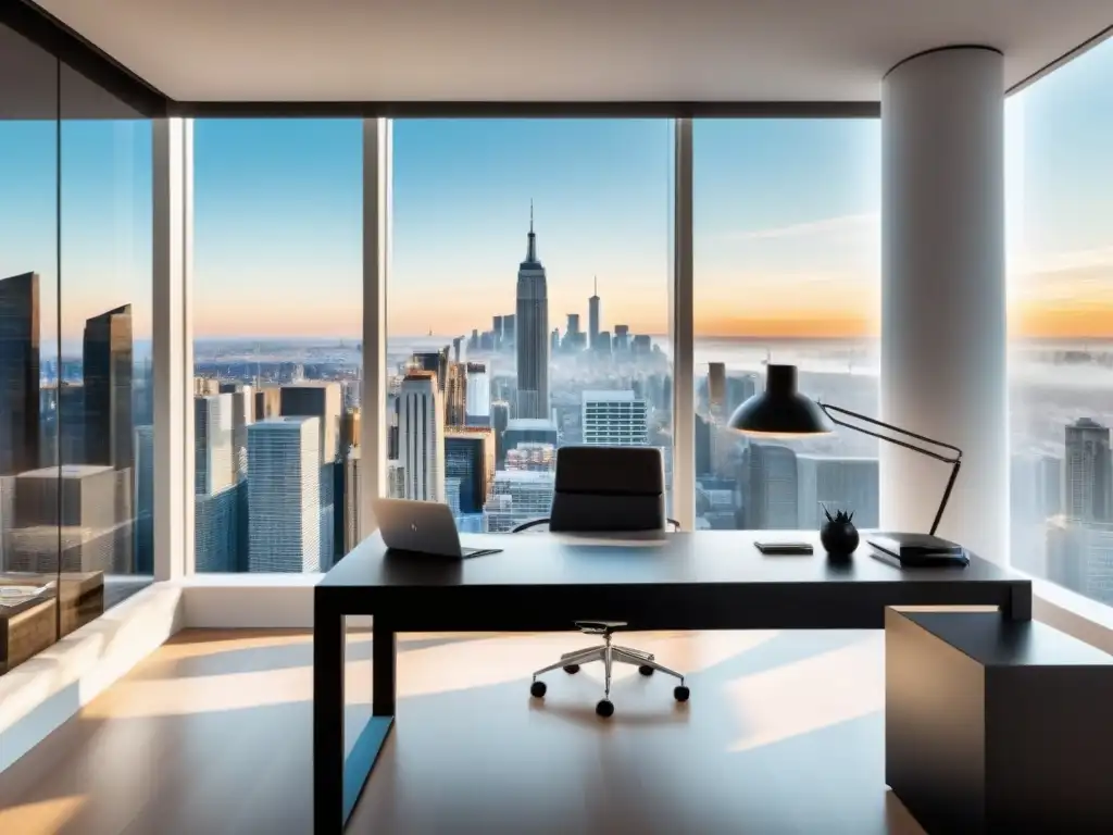 Oficina de lujo con vista a la ciudad para afiliados inmobiliarios Oficina moderna con vista a la ciudad, estadísticas de marketing en laptop y plataformas listado propiedades afiliados