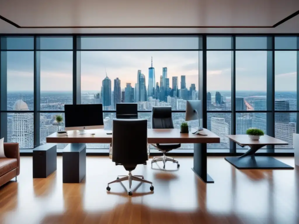 Oficina moderna con vista panorámica y elegante equipamiento informático Oficina moderna con vista a la ciudad, decorada con muebles elegantes y equipo informático de alta gama