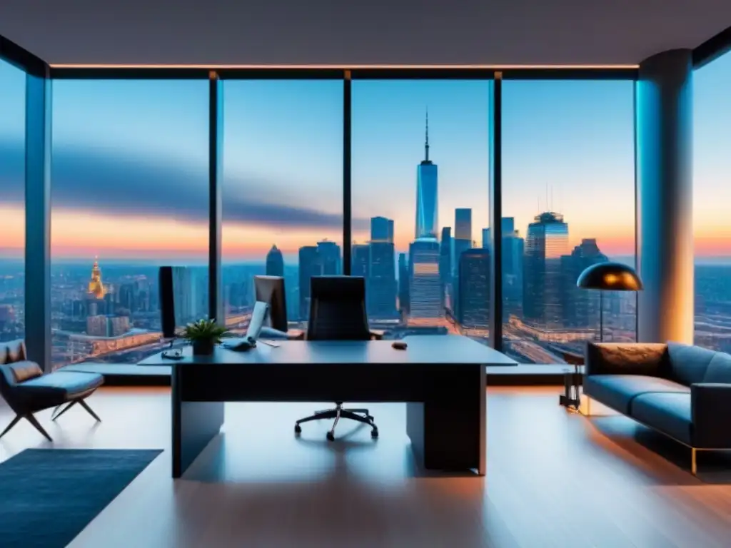Oficina de lujo: vista panorámica a la ciudad y diseño moderno Oficina moderna con vista a la ciudad, muebles elegantes y tecnología de vanguardia, reflejando la transformación digital en el sector inmobiliario