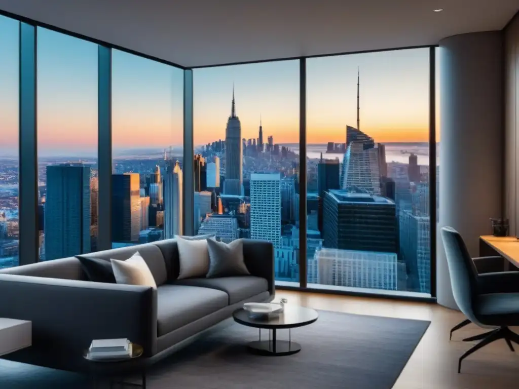 Oficina moderna de lujo con vista urbana y gráficos inmobiliarios Oficina moderna con vista a la ciudad, muebles elegantes, gráficos de normativas préstamos inmobiliarios 2021