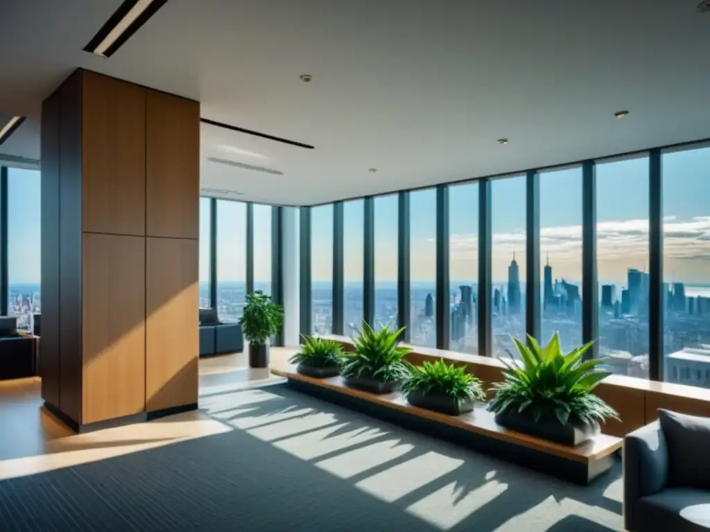 Oficina moderna con vista a la ciudad para aseguradora Oficina moderna con vista a la ciudad, mobiliario contemporáneo y plantas verdes