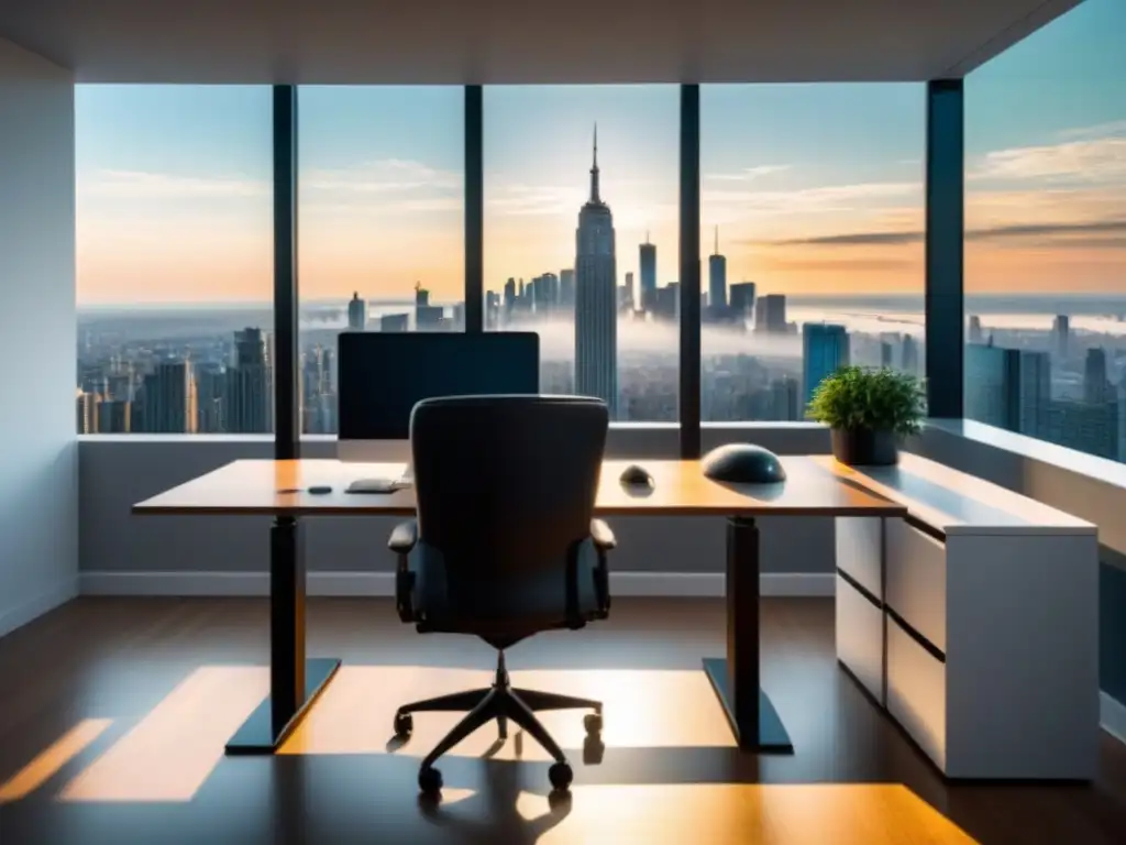 Oficina elegante con vistas a la ciudad: diseño minimalista y profesional Oficina moderna con vista a la ciudad, muebles minimalistas y archivos organizados