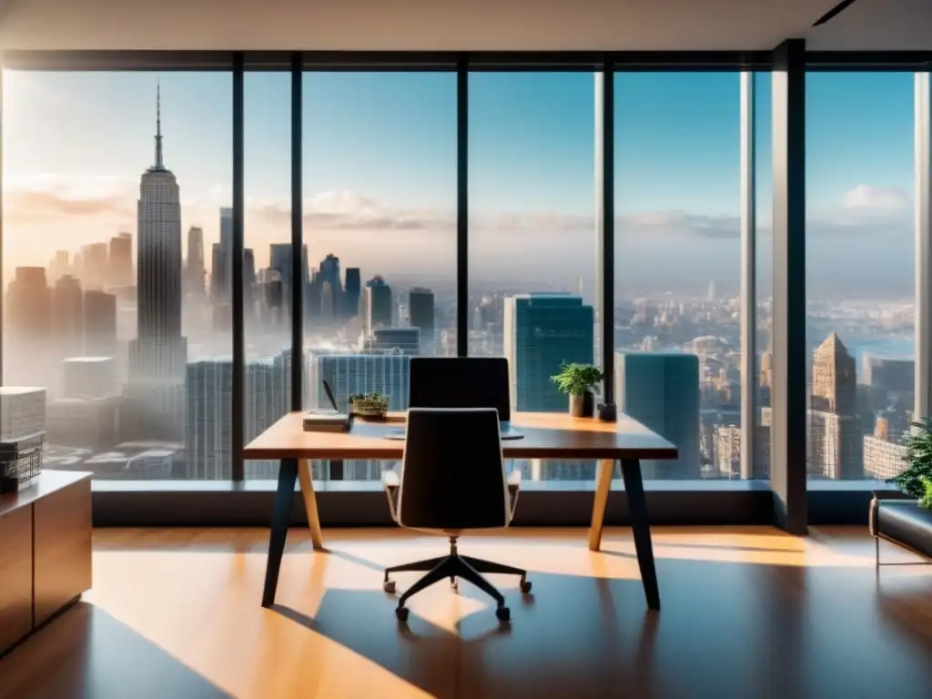 Inversión inmobiliaria: oficina moderna con vista a la ciudad Oficina moderna con vista a la ciudad, muebles contemporáneos y gráficos de inversiones inmobiliarias