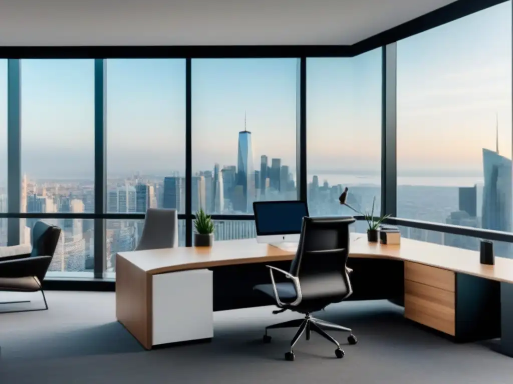 Oficina moderna con vista panorámica: inversión inmobiliaria Oficina moderna con vista a la ciudad para las mejores aplicaciones de gestión inmobiliaria