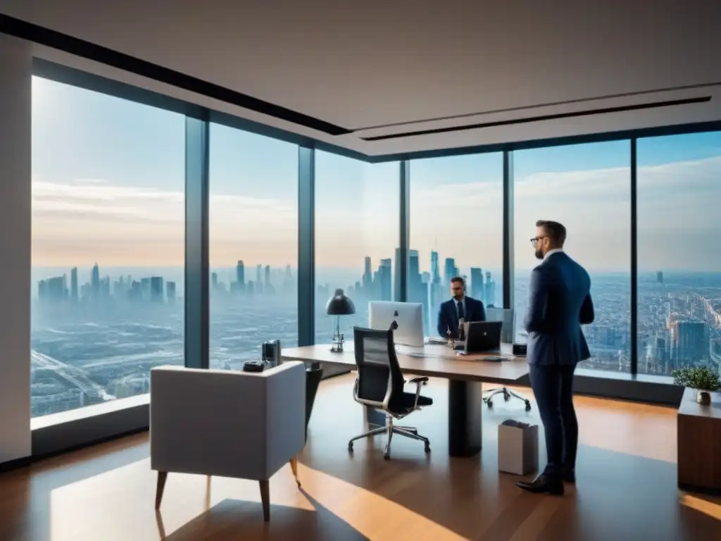 Innovación financiera en oficina de lujo con vista a la ciudad Oficina moderna con vista a la ciudad, profesionales diversificados discuten sobre Fintech préstamos inmobiliarios revolución