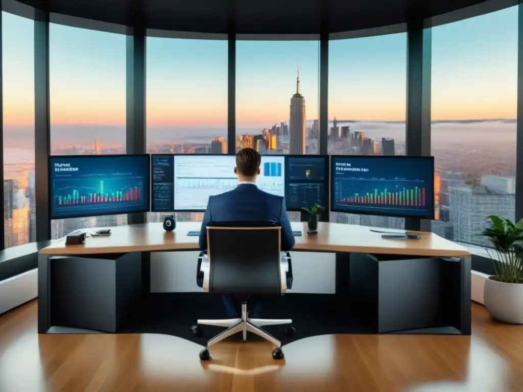 Oficina moderna con tecnología de vanguardia y vista urbana Oficina moderna con vista a la ciudad, mobiliario contemporáneo y tecnología de vanguardia