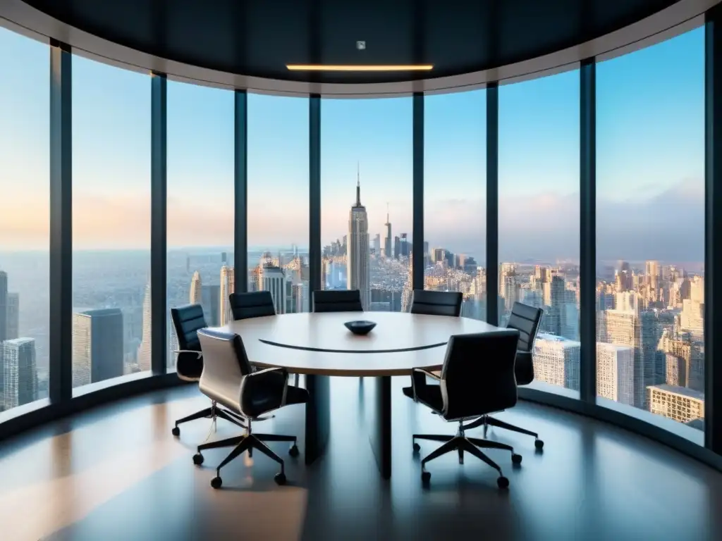 Oficina moderna con vista panorámica: transparencia y profesionalismo en inversiones inmobiliarias Oficina moderna con vista a la ciudad y transparencia en inversiones inmobiliarias