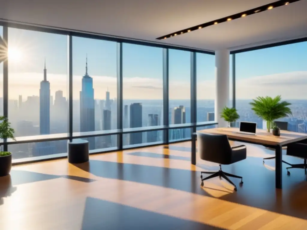 Oficina moderna con vista panorámica: éxito en inversiones inmobiliarias Oficina moderna con vista a la ciudad, muebles minimalistas y plantas verdes