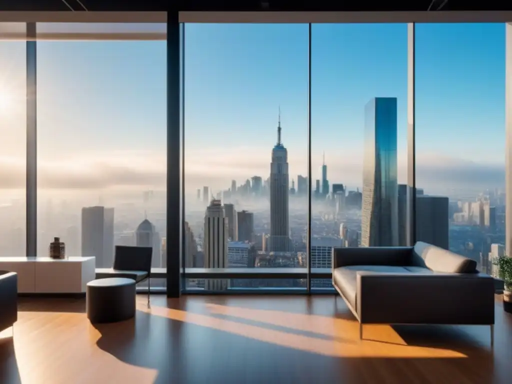 Oficina moderna con vistas a la ciudad: profesionalismo y sofisticación Oficina moderna con vista a la ciudad, muebles minimalistas y alta tecnología, ideal para transacciones inmobiliarias transparentes