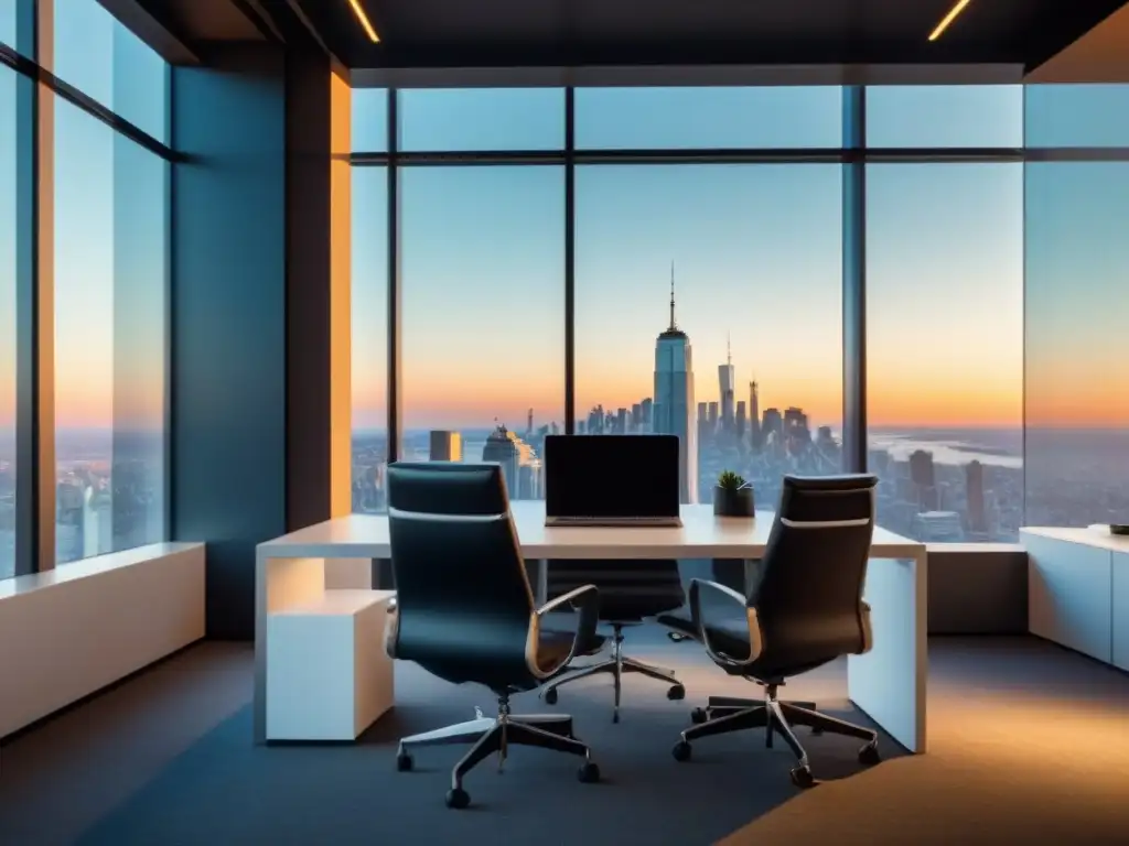 Oficina moderna con vista a la ciudad: profesionalismo inmobiliario Oficina moderna con vista a la ciudad, muebles contemporáneos y documentos inmobiliarios organizados