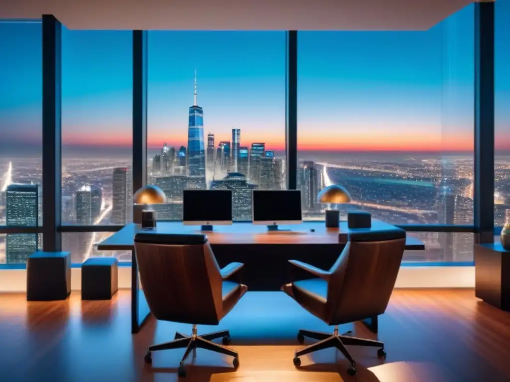 Oficina elegante con vista nocturna de la ciudad y análisis predictivo Oficina moderna con vista nocturna de la ciudad para análisis predictivo IA inversiones inmobiliarias
