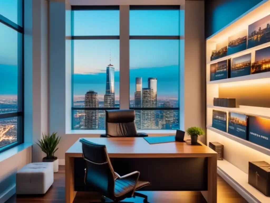 Oficina moderna con vista panorámica al atardecer Oficina moderna con vista nocturna de la ciudad, ideal para estrategias retargeting mercado inmobiliario