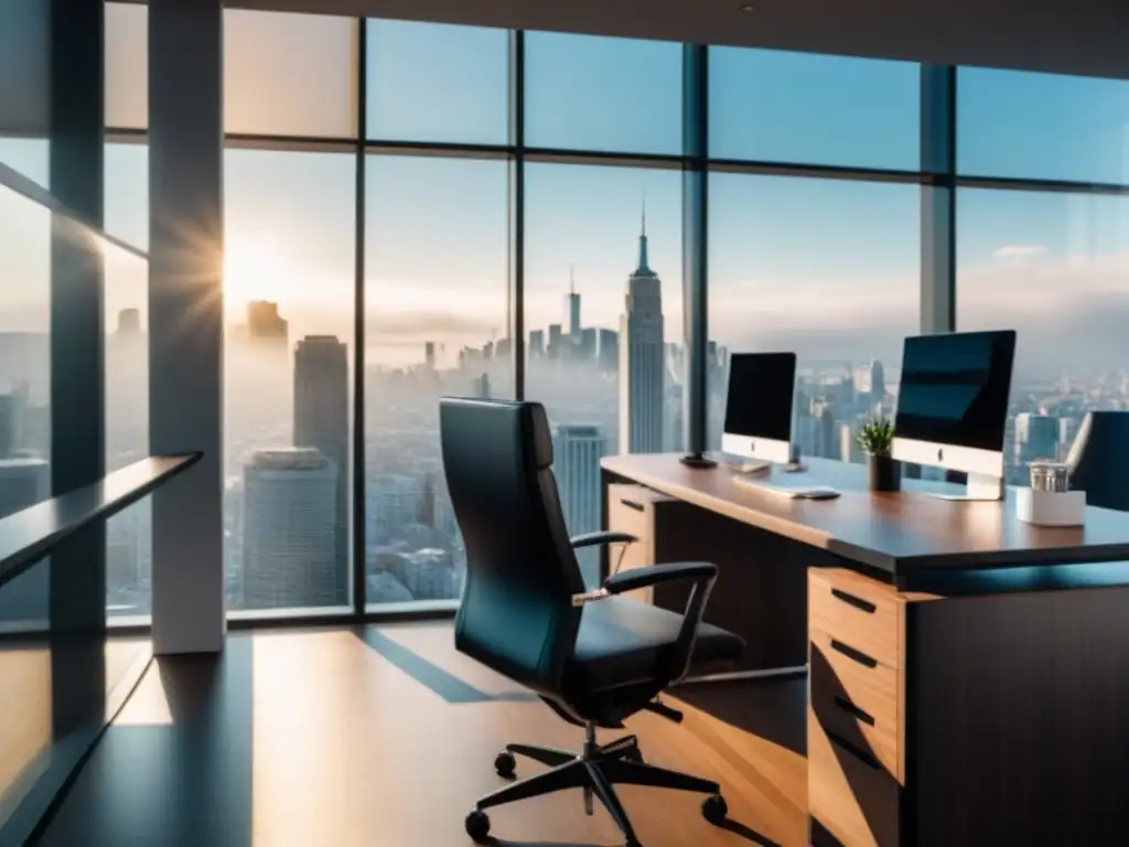Oficina moderna con vista panorámica y estilo minimalista Oficina moderna con vista panorámica a la ciudad, escritorio minimalista y transparencia en financiación inmobiliaria