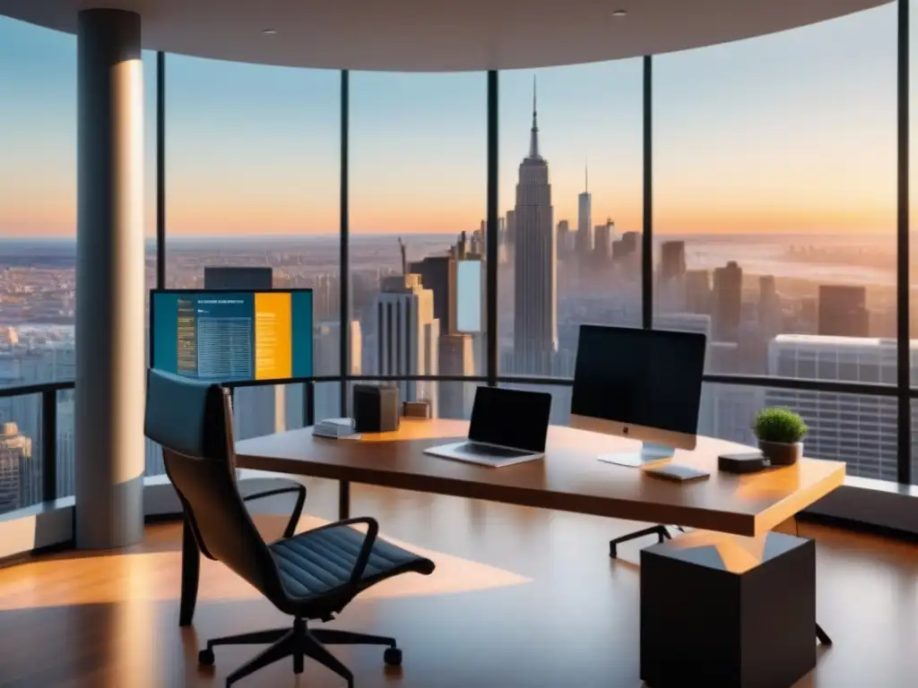Oficina moderna con vista panorámica: ideal para planificación financiera Oficina moderna con vista panorámica a la ciudad, ideal para discusiones de reducción de impuestos y financiamiento inmobiliario