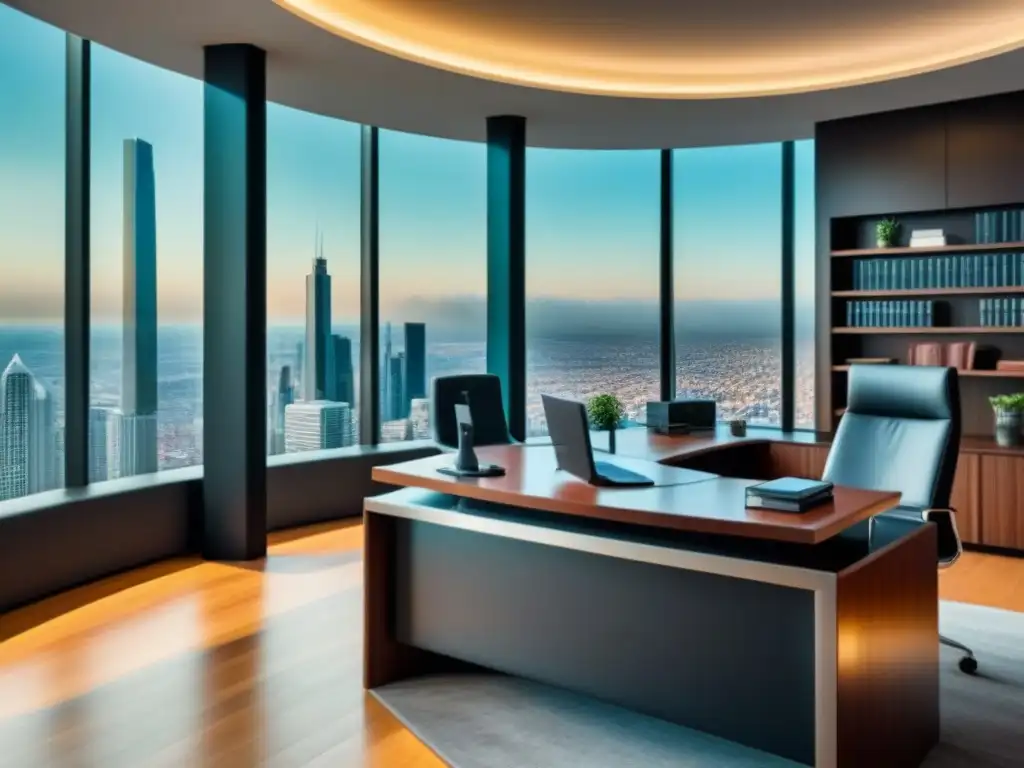 Oficina moderna con vista panorámica a la ciudad para planificación financiera Oficina moderna con vista panorámica de la ciudad para planificación fiscal de inversores inmobiliarios