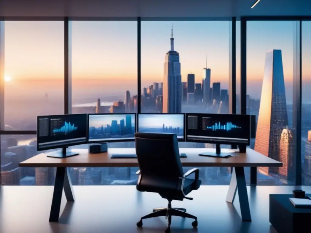 Oficina moderna con vistas panorámicas - Análisis SEO Oficina moderna con vista panorámica de la ciudad, muebles minimalistas y gráficos de SEO para inversores inmobiliarios
