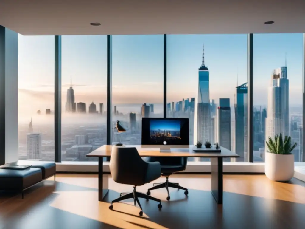 Oficina moderna con vista panorámica de la ciudad, equipo tecnológico y estrategias de content marketing inmobiliario