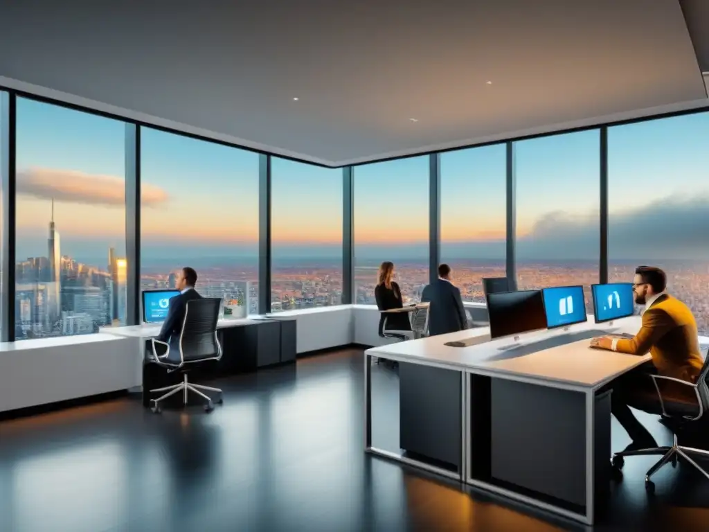 Oficina moderna con vista panorámica y profesionales colaborativos Oficina moderna con vista panorámica de la ciudad, profesionales en reunión colaborativa