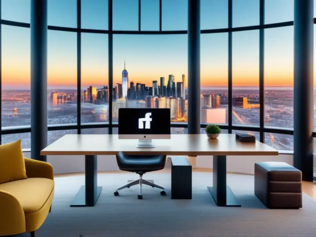 Oficina moderna con vista panorámica para estrategias de marketing digital Oficina moderna con vista panorámica de la ciudad, ideal para estrategias de publicidad en Facebook para inmobiliarias
