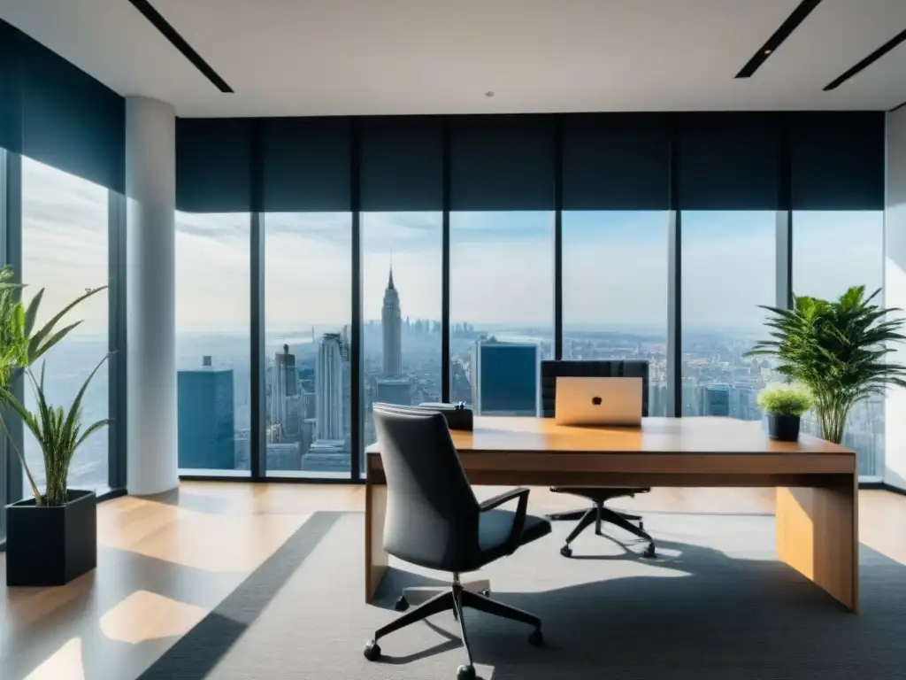 Oficina de lujo con vista panorámica: inspiración profesional Oficina moderna con vista panorámica a la ciudad, muebles minimalistas y decoración elegante