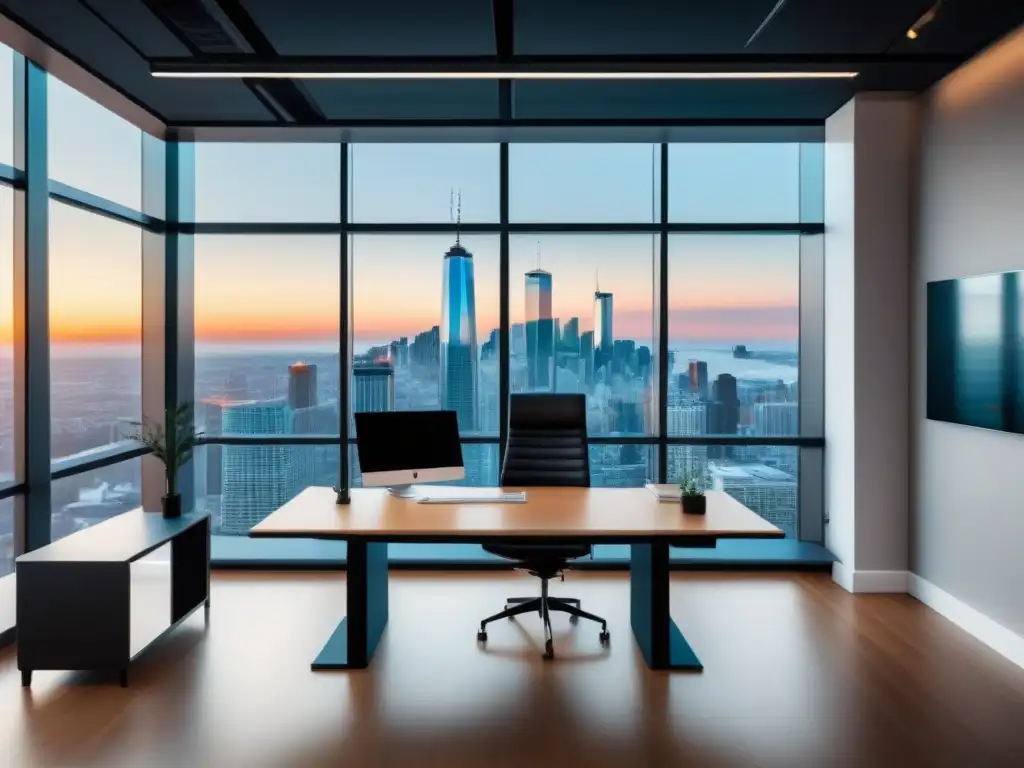 Oficina moderna con vista panorámica y datos de seguros Una oficina moderna con vista panorámica a la ciudad, muebles minimalistas y computadora con datos de 'comisiones ocultas programa afiliados seguros'