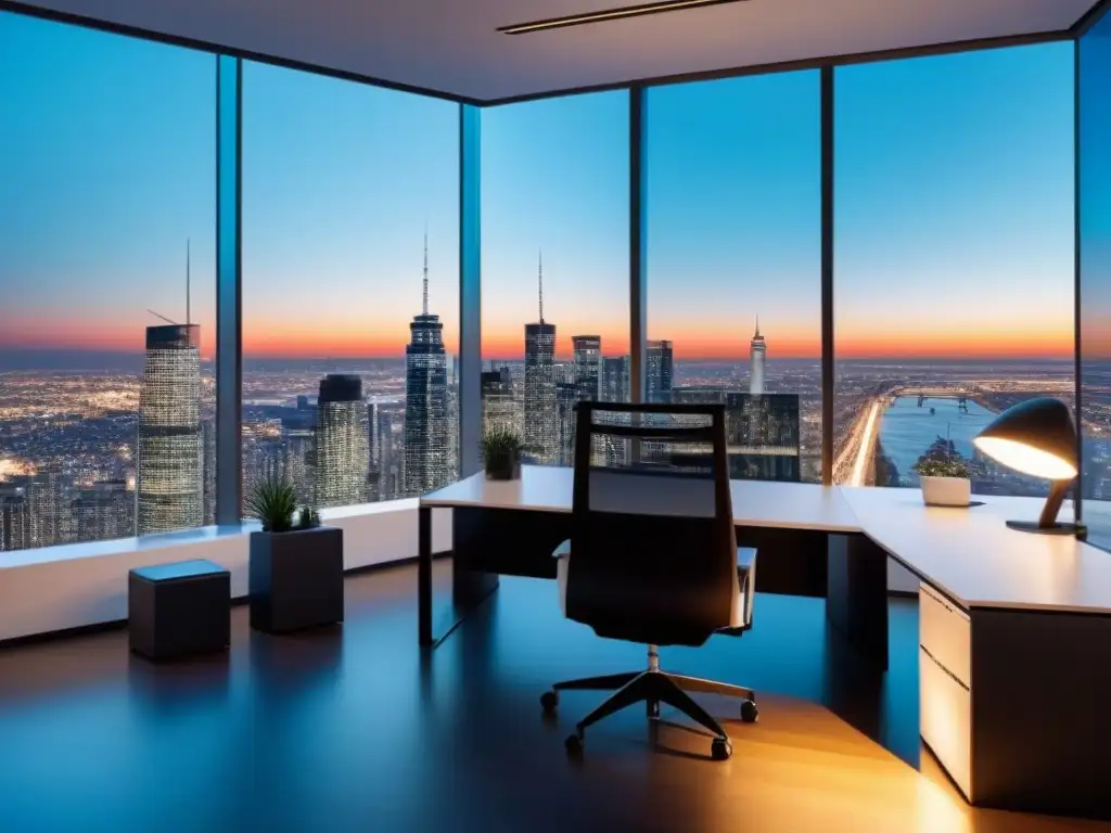 Oficina moderna con vista panorámica al atardecer Oficina moderna con vista panorámica de la ciudad al anochecer